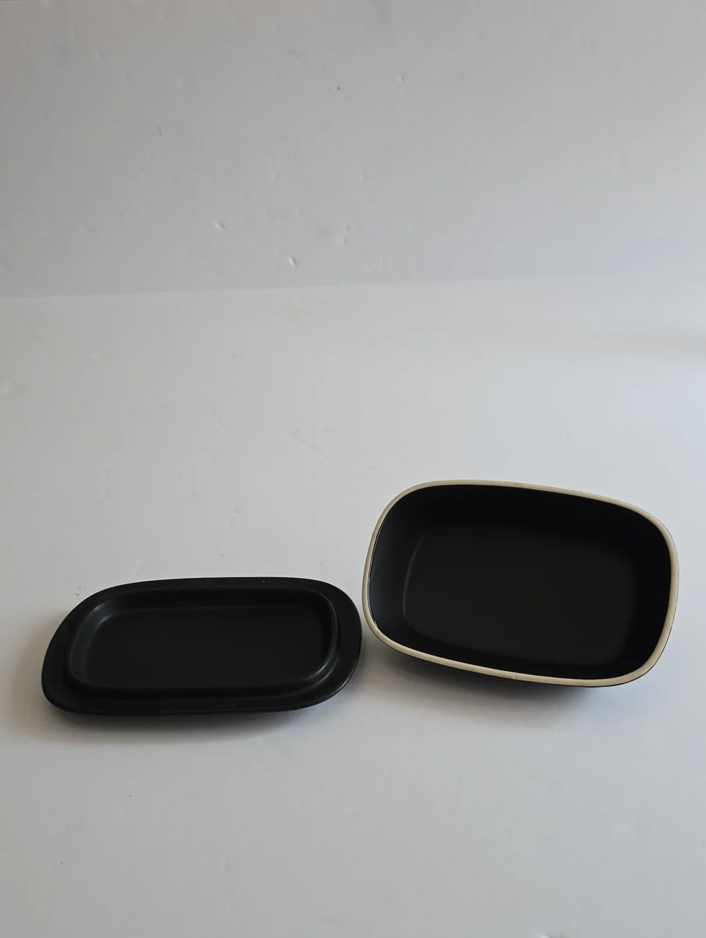 Vintage The Old Pottery Co Large Black Lidded Butter Dish Matte Ceramic